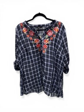Andree NWT Sz XL Gingham Embroidered front-back Blouse Prairie Festival Western